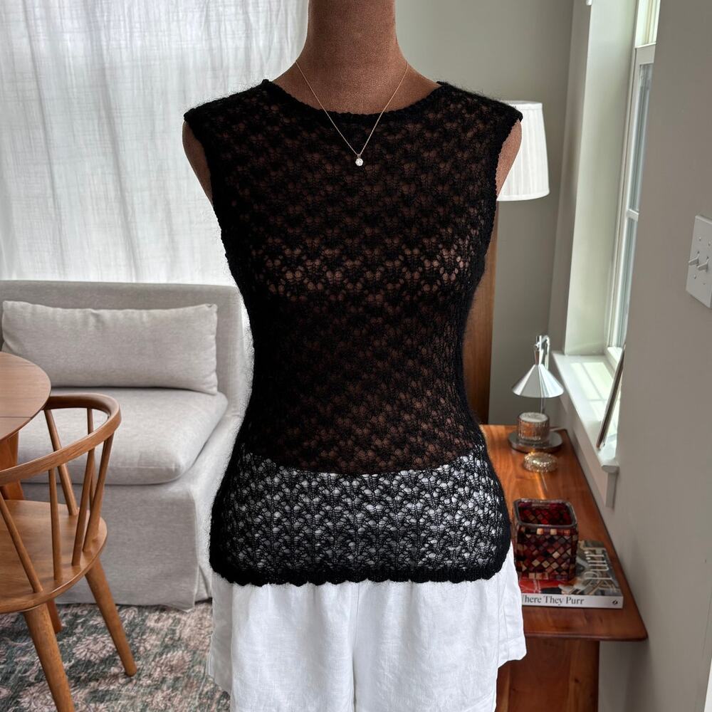 2000s Vintage Arden B Mohair Blend Open Knit Black Tank Top Summer Boho Large